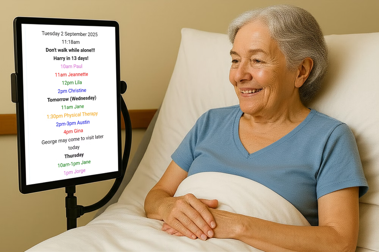 Happy senior using MessageBoard tablet